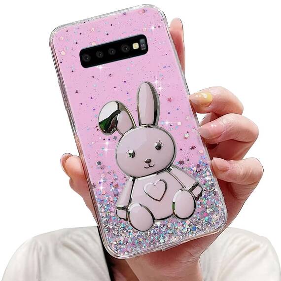 Tivenfezk Nadoli für Samsung Galaxy S10 Plus Herz Hase Versteckt Ständer Hülle,Karikatur Glitzer Ständer Weiche Silikon Bling Durchsichtig Schutzhülle,Rosa