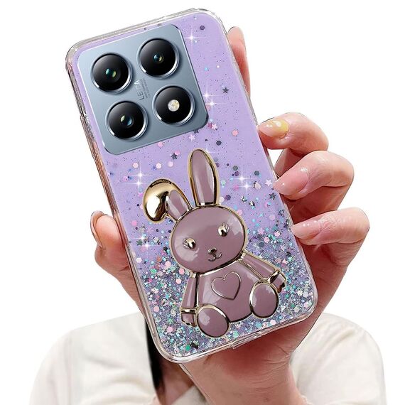 Nadoli für Xiaomi 14T Herz Hase Versteckt Ständer Hülle,Karikatur Glitzer Ständer Weiche Silikon Bling Durchsichtig Schutzhülle,Lila