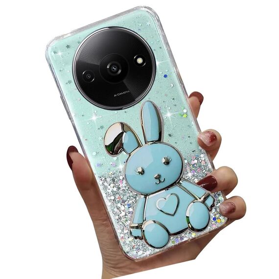 Nadoli für Xiaomi Redmi A3 Herz Hase Versteckt Ständer Hülle,Karikatur Glitzer Ständer Weiche Silikon Bling Durchsichtig Schutzhülle,Grün
