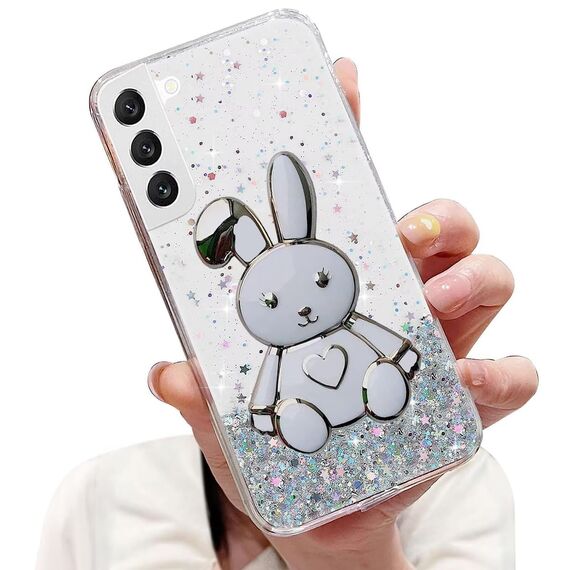 Tivenfezk Nadoli für Samsung Galaxy S21 FE Herz Hase Versteckt Ständer Hülle,Karikatur Glitzer Ständer Weiche Silikon Bling Durchsichtig Schutzhülle,Klar
