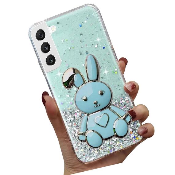 Tivenfezk Nadoli für Samsung Galaxy S21 FE Herz Hase Versteckt Ständer Hülle,Karikatur Glitzer Ständer Weiche Silikon Bling Durchsichtig Schutzhülle,Grün