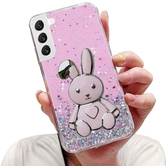 Tivenfezk Nadoli für Samsung Galaxy S21 FE Herz Hase Versteckt Ständer Hülle,Karikatur Glitzer Ständer Weiche Silikon Bling Durchsichtig Schutzhülle,Rosa