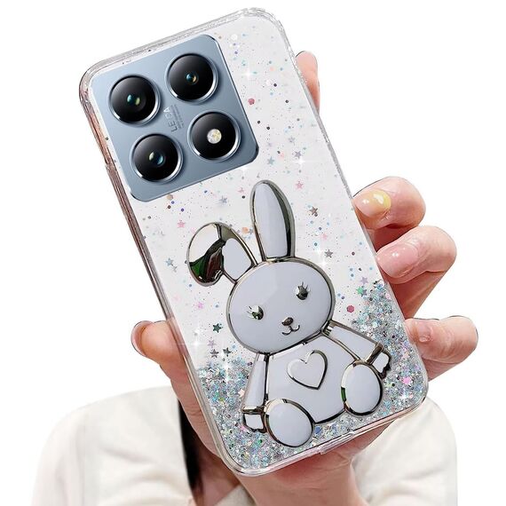 Nadoli für Xiaomi 14T Herz Hase Versteckt Ständer Hülle,Karikatur Glitzer Ständer Weiche Silikon Bling Durchsichtig Schutzhülle,Klar