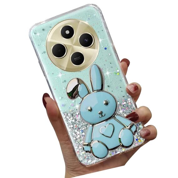 Nadoli für Xiaomi Redmi 14C Herz Hase Versteckt Ständer Hülle,Karikatur Glitzer Ständer Weiche Silikon Bling Durchsichtig Schutzhülle,Grün