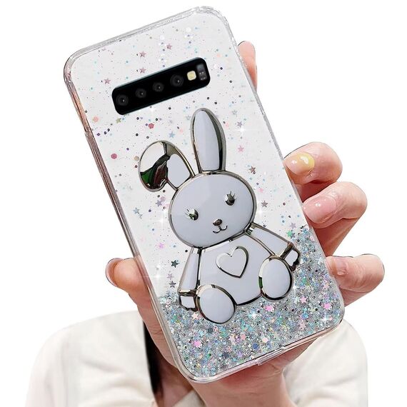 Tivenfezk Nadoli für Samsung Galaxy S10 Herz Hase Versteckt Ständer Hülle,Karikatur Glitzer Ständer Weiche Silikon Bling Durchsichtig Schutzhülle,Klar