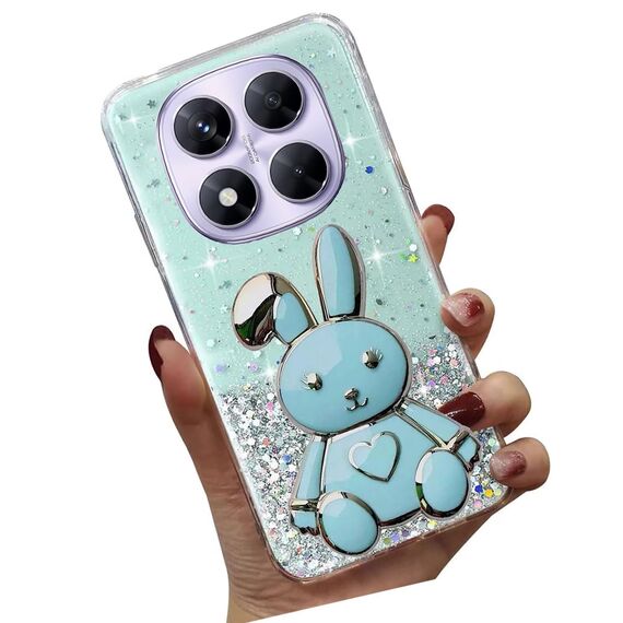 Nadoli für Xiaomi Redmi Note 14 Pro 5G Herz Hase Versteckt Ständer Hülle,Karikatur Glitzer Ständer Weiche Silikon Bling Durchsichtig Schutzhülle,Grün