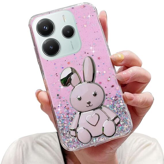 Nadoli für Xiaomi Redmi Note 14 5G Herz Hase Versteckt Ständer Hülle,Karikatur Glitzer Ständer Weiche Silikon Bling Durchsichtig Schutzhülle,Rosa