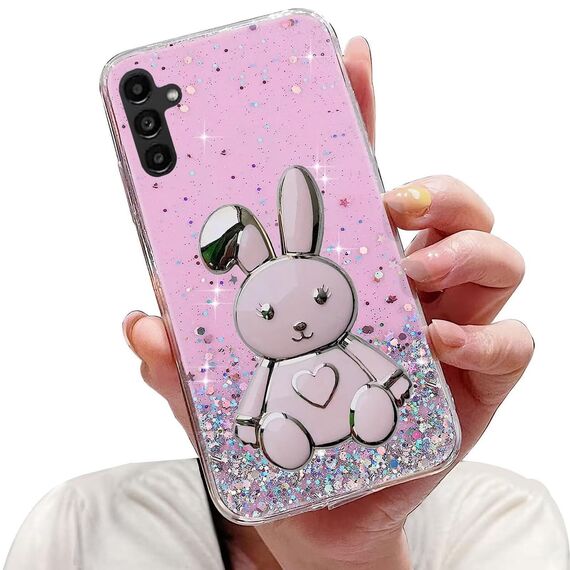 Nadoli für Samsung Galaxy S24 FE Herz Hase Versteckt Ständer Hülle,Karikatur Glitzer Ständer Weiche Silikon Bling Durchsichtig Schutzhülle,Rosa
