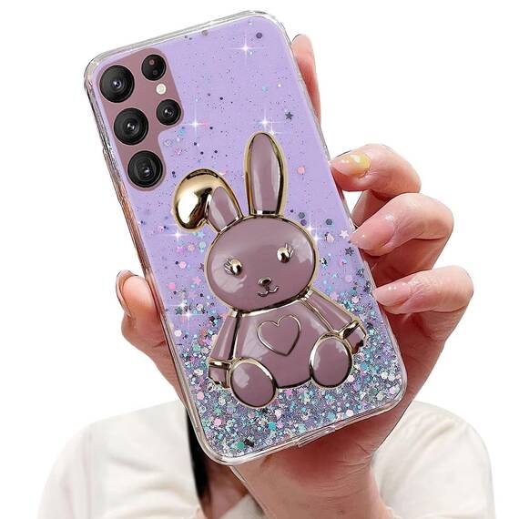 Tivenfezk Nadoli für Samsung Galaxy S22 Ultra Herz Hase Versteckt Ständer Hülle,Karikatur Glitzer Ständer Weiche Silikon Bling Durchsichtig Schutzhülle,Lila
