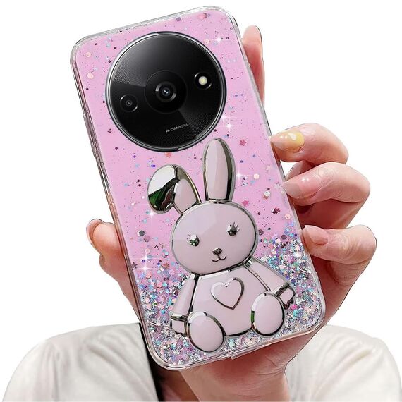 Nadoli für Xiaomi Redmi A3 Herz Hase Versteckt Ständer Hülle,Karikatur Glitzer Ständer Weiche Silikon Bling Durchsichtig Schutzhülle,Rosa