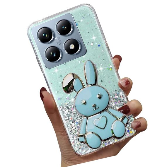 Nadoli für Xiaomi 14T Herz Hase Versteckt Ständer Hülle,Karikatur Glitzer Ständer Weiche Silikon Bling Durchsichtig Schutzhülle,Grün