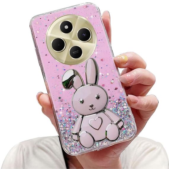 Nadoli für Xiaomi Redmi 14C Herz Hase Versteckt Ständer Hülle,Karikatur Glitzer Ständer Weiche Silikon Bling Durchsichtig Schutzhülle,Rosa
