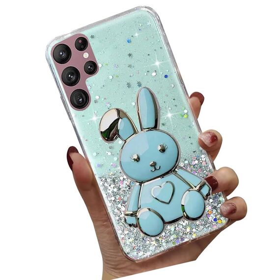 Nadoli für Samsung Galaxy S25 Ultra Herz Hase Versteckt Ständer Hülle,Karikatur Glitzer Ständer Weiche Silikon Bling Durchsichtig Schutzhülle,Grün