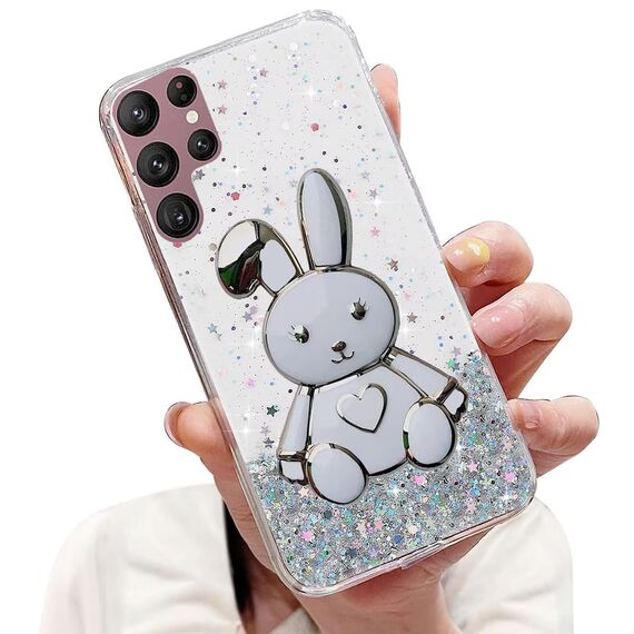 Nadoli für Samsung Galaxy S25 Ultra Herz Hase Versteckt Ständer Hülle,Karikatur Glitzer Ständer Weiche Silikon Bling Durchsichtig Schutzhülle,Klar