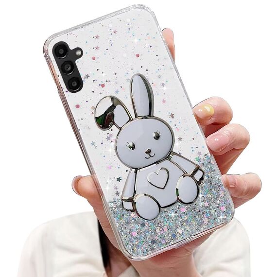 Tivenfezk Nadoli für Samsung Galaxy A04S Herz Hase Versteckt Ständer Hülle,Karikatur Glitzer Ständer Weiche Silikon Bling Durchsichtig Schutzhülle,Klar