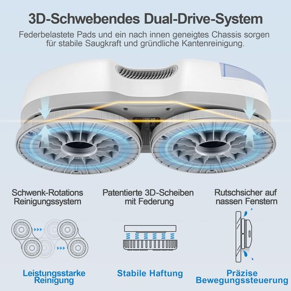 Hutt S7 Fensterputzroboter mit aktiver Sprühfunktion, 5500 Pa Saugkraft, 3D Schwebepad, automatischer Fensterreiniger elektrisch mit 80 ml Tank, Mehrfachschutz, 8× Reinigungslappen, Transportkoffer