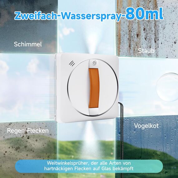 Fensterputzroboter, Automatischer Fensterputzer mit doppeltem Wasserstrahl, Anti-Fall-Sensor-Erkennung, App-Steuerung für Flächen, Großer Spiegel, Kachelwand (Braun Update Antriebsriemen)