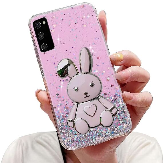 Tivenfezk Nadoli für Samsung Galaxy A02S Herz Hase Versteckt Ständer Hülle,Karikatur Glitzer Ständer Weiche Silikon Bling Durchsichtig Schutzhülle,Rosa