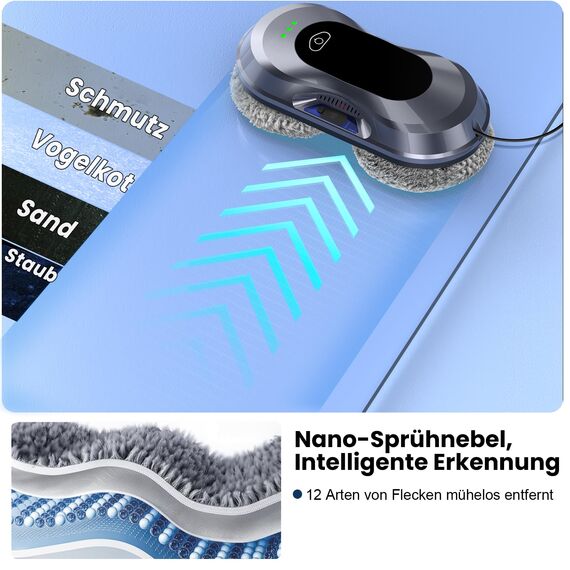 Shiptree Fensterputzroboter 2025, 6000Pa, Doppeldüsen-Sprühfunktion Fensterroboter, <65dB, Kanten Erkennung, Stromausfallschutz, Smart Routenplanung, 10 Reinigungstücher, für Fenster/Fliesen zu Hause