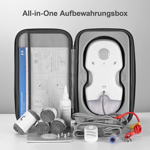 HUTT Fensterputzroboter mit Sprühfunktion, 3D Schwebepad, Elektrischer Fensterputzer mit 80ML Tank, Fensterreiniger Roboter Automatischer, Mehrfachschutz, Lappen, Koffer