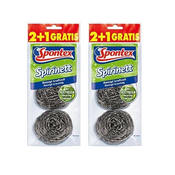 Spontex Spirinett Edelstahlspiralen, ideal für hartnäckigen Schmutz in Töpfen und Pfannen, aus rostfreiem Recycling-Edelstahl (1 x 3 Stück) | 3 Stück (2er Pack)