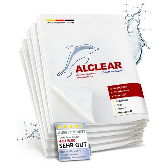 ALCLEAR Mikrofaser Scheibentuch Set – 5er-Pack Fenstertücher 60×45 cm, streifenfreie Glastücher – fusselfrei, spart Zeit ohne Nachtrocknen – Designed in Germany – für Haushalt & Autoscheiben