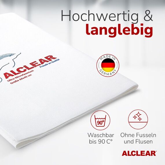 ALCLEAR Mikrofaser Scheibentuch Set – 5er-Pack Fenstertücher 60×45 cm, streifenfreie Glastücher – fusselfrei, spart Zeit ohne Nachtrocknen – Designed in Germany – für Haushalt & Autoscheiben