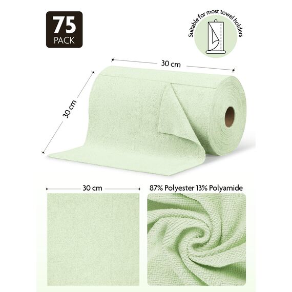 Fantasticlean Mikrofaser Reinigungstücher, 75 Stück pro Rolle Abreißbare Putztücher, Wiederverwendbare Fusselfreie Lappen für Auto, Küche und Haus 30x30cm-Grün
