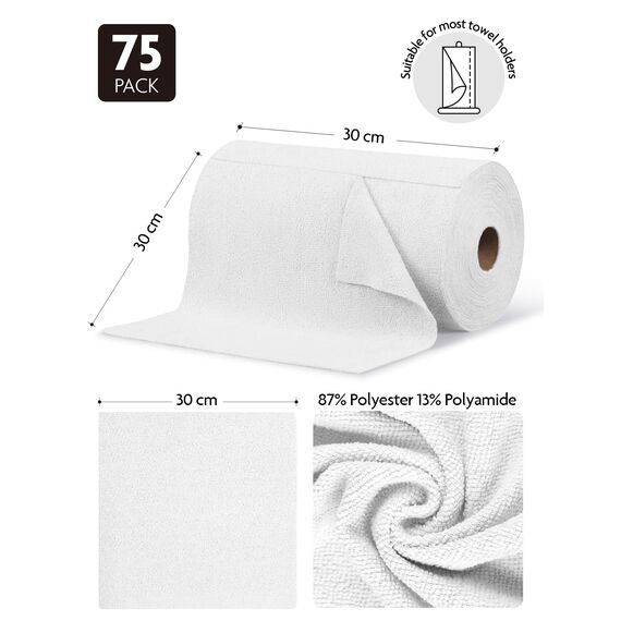 Fantasticlean Mikrofaser Reinigungstücher, 75 Stück pro Rolle Abreißbare Putztücher, Wiederverwendbare Fusselfreie Lappen für Auto, Küche und Haus 30x30cm-Reinweiß