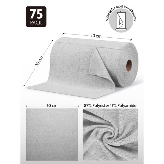 Fantasticlean Mikrofaser Reinigungstücher, 75 Stück pro Rolle Abreißbare Putztücher, Wiederverwendbare Fusselfreie Lappen für Auto, Küche und Haus 30x30cm-Grau