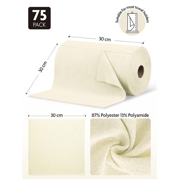 Fantasticlean Mikrofaser Reinigungstücher, 75 Stück pro Rolle Abreißbare Putztücher, Wiederverwendbare Fusselfreie Lappen für Auto, Küche und Haus 30x30cm-Beige