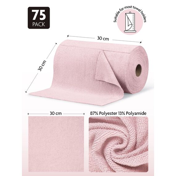 Fantasticlean Mikrofaser Reinigungstücher, 75 Stück pro Rolle Abreißbare Putztücher, Wiederverwendbare Fusselfreie Lappen für Auto, Küche und Haus 30x30cm-Rosa