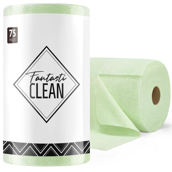 Fantasticlean Mikrofaser Reinigungstücher, 75 Stück pro Rolle Abreißbare Putztücher, Wiederverwendbare Fusselfreie Lappen für Auto, Küche und Haus 30x30cm-Grün