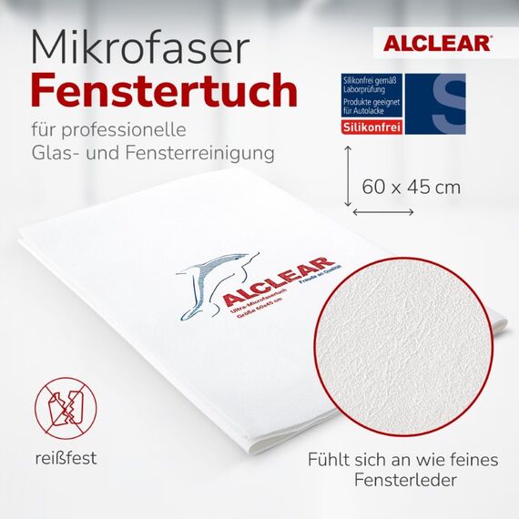 ALCLEAR Mikrofaser Scheibentuch Set – 5er-Pack Fenstertücher 60×45 cm, streifenfreie Glastücher – fusselfrei, spart Zeit ohne Nachtrocknen – Designed in Germany – für Haushalt & Autoscheiben