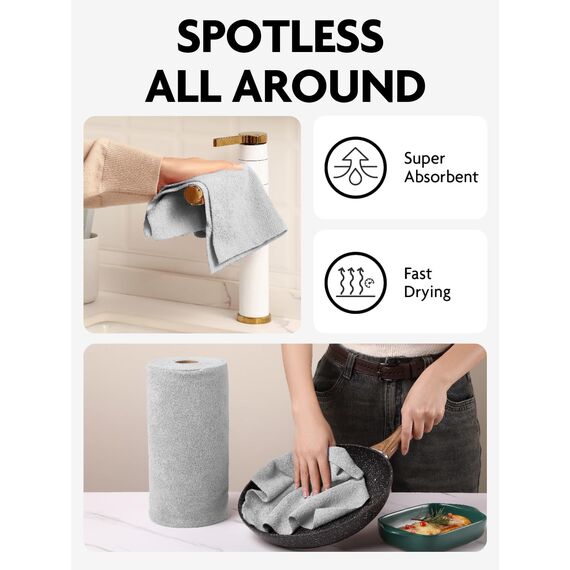 Fantasticlean Mikrofaser Reinigungstücher, 75 Stück pro Rolle Abreißbare Putztücher, Wiederverwendbare Fusselfreie Lappen für Auto, Küche und Haus 30x30cm-Grau