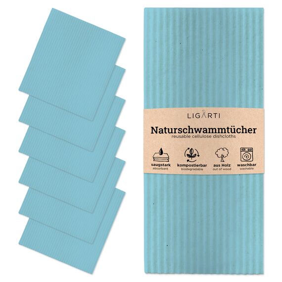 Ligarti Schwammtücher aus Holz (100% öko & waschbar) 6er Set Spültücher nachhaltig kompostierbar I Allzwecktücher für den Haushalt Made in Germany I Spüllappen kompostierbar (Türkis I 6Set)