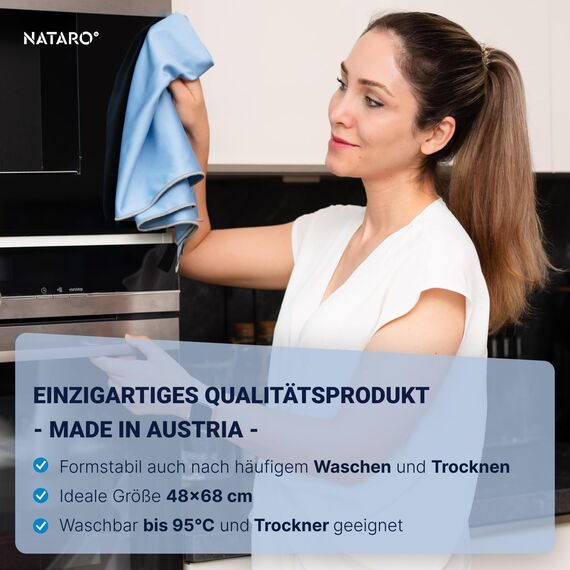 NATARO® 2 Stück Glanzzauber Microfaser Glaspoliertuch – Spiegeltuch – Made in Austria – 100% fusselfreies Poliertuch für Glas, Hochglanzoberflächen, streifenfrei, Mikrofaser, ca.48x68cm