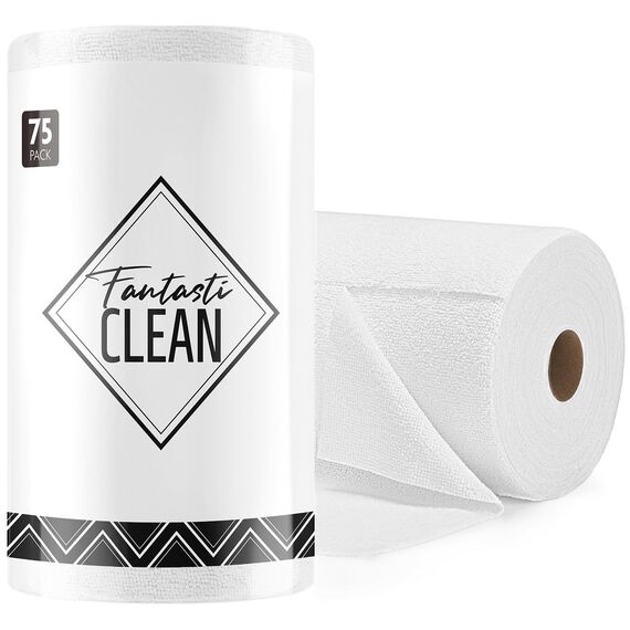 Fantasticlean Mikrofaser Reinigungstücher, 75 Stück pro Rolle Abreißbare Putztücher, Wiederverwendbare Fusselfreie Lappen für Auto, Küche und Haus 30x30cm-Reinweiß