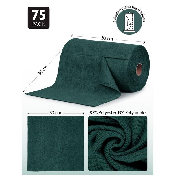 Fantasticlean Mikrofaser Reinigungstücher, 75 Stück pro Rolle Abreißbare Putztücher, Wiederverwendbare Fusselfreie Lappen für Auto, Küche und Haus 30x30cm-Waldgrün