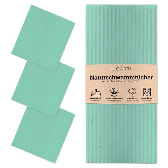 Ligarti Schwammtücher aus Holz (100% öko & waschbar) 3er Set Spültücher nachhaltig kompostierbar I Allzwecktücher für den Haushalt Made in Germany I Spüllappen kompostierbar (Minzgrün I 3Set)