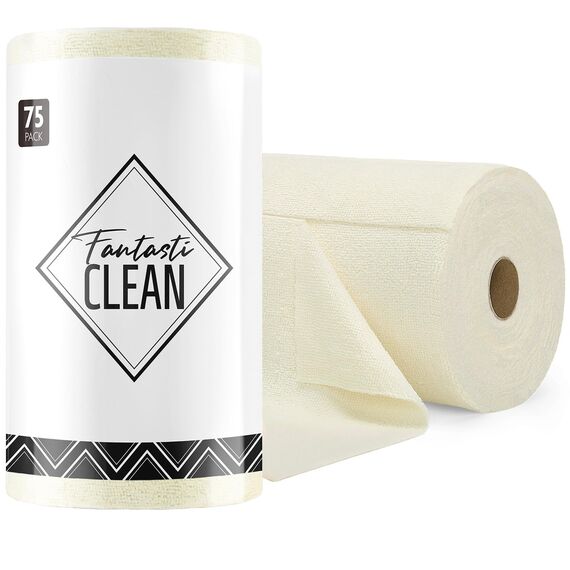 Fantasticlean Mikrofaser Reinigungstücher, 75 Stück pro Rolle Abreißbare Putztücher, Wiederverwendbare Fusselfreie Lappen für Auto, Küche und Haus 30x30cm-Beige
