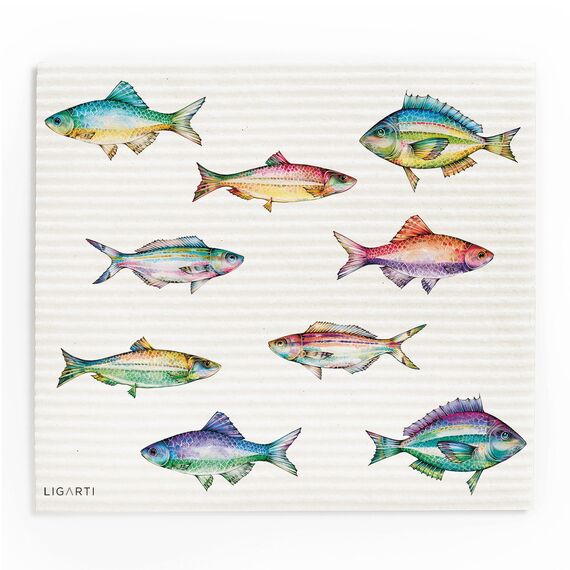 Ligarti® Schwammtücher aus Holz (100% öko & waschbar) 3er Set Spültücher nachhaltig kompostierbar I Allzwecktücher für den Haushalt Made in Germany I Spüllappen, Spülschwamm (Bunte Fische)