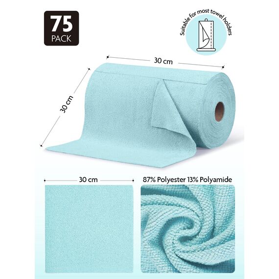 Fantasticlean Mikrofaser Reinigungstücher, 75 Stück pro Rolle Abreißbare Putztücher, Wiederverwendbare Fusselfreie Lappen für Auto, Küche und Haus 30x30cm-Blau