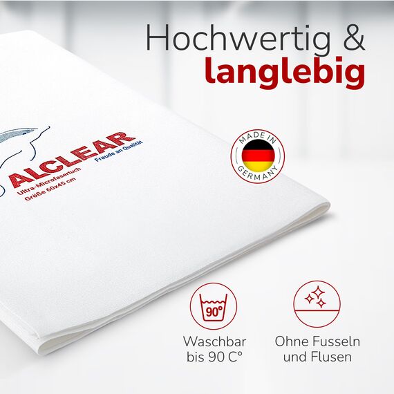 ALCLEAR 950002 Mikrofasertuch Glastuch & Fenstertuch – 60×45 cm streifenfrei & fusselfrei – Ultra-Mikrofaser für Glasreinigung im Haushalt & Auto – spart Zeit ohne Nachtrocknen – Made in Germany