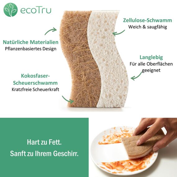 ecoTru 6 Stück Bio Spülschwamm Aus Kompostierbarer Zellulose und Kokos, Natur Reinigungsschwamm, öko und Nachhaltig Küchenschwamm, Umweltfreundlich Kitchen Sponge, Biologisch Abbaubar Geschirrschwamm