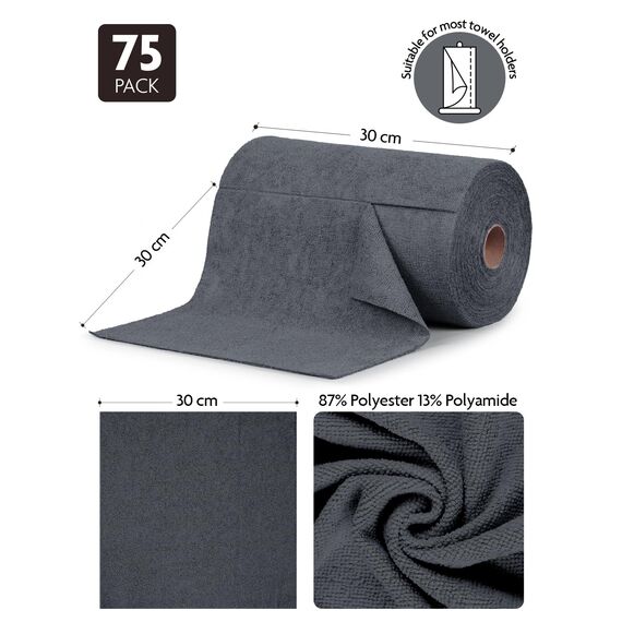 Fantasticlean Mikrofaser Reinigungstücher, 75 Stück pro Rolle Abreißbare Putztücher, Wiederverwendbare Fusselfreie Lappen für Auto, Küche und Haus 30x30cm-Dunkelgrau