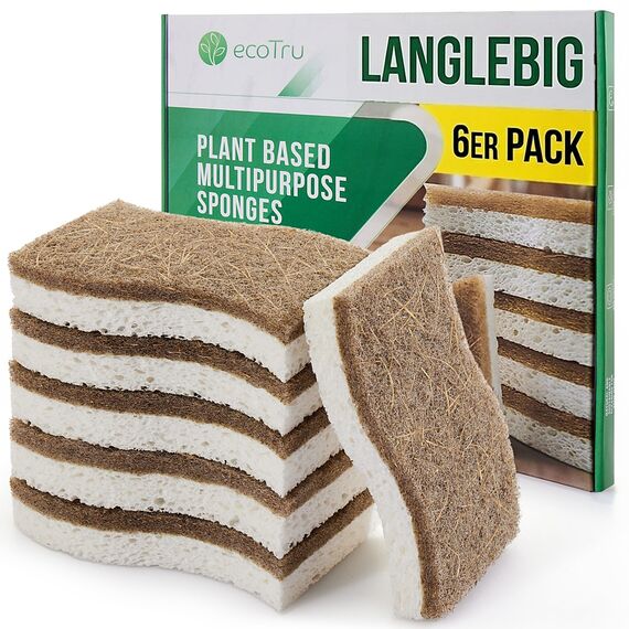 ecoTru 6 Stück Bio Spülschwamm Aus Kompostierbarer Zellulose und Kokos, Natur Reinigungsschwamm, öko und Nachhaltig Küchenschwamm, Umweltfreundlich Kitchen Sponge, Biologisch Abbaubar Geschirrschwamm