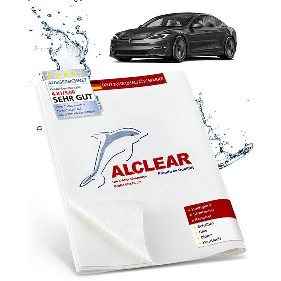 ALCLEAR 950002 Mikrofasertuch Glastuch & Fenstertuch – 60×45 cm streifenfrei & fusselfrei – Ultra-Mikrofaser für Glasreinigung im Haushalt & Auto – spart Zeit ohne Nachtrocknen – Made in Germany
