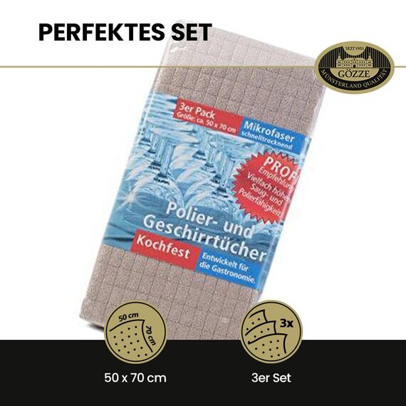 Gözze - Geschirrtuch-Set, 3-teilig, Mikrofaser-Poliertuch, 50 x 70 cm - Taupe