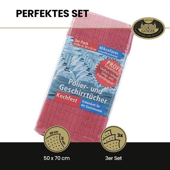 Gözze - Geschirrtuch-Set, 3-teilig, Mikrofaser-Poliertuch, 50 x 70 cm - Bordeaux